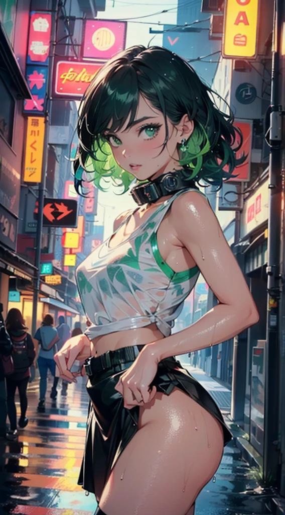 girl youtuber,(((1girl))),((extremely cute and beautiful green curly-haired girl)),
(short breasts:1.4),(((green curly hair:1.35,very curly hair,colored inner hair,ear breathing,short hair))),(((green eyes:1.3))),intricate eyes,beautiful detailed eyes,symmetrical eyes,((fat)),(((lustrous skin:1.5,bright skin: 1.5,skin tanned,shiny skin,very shiny skin,shiny body,plastic glitter skin,exaggerated shiny skin,illuminated skin,wet legs))),delicate detailed fingers,detailed body,human hands,(detailed face),
cute,slutty,seductive,erotic,(((nsfw))),
zettai ryouiki,revealing clothing,show skin,((rave mini-skirt,visible thong straps,white loose tank top with an pop art print)),((wet clothes,intricate outfit,intricate clothes)),
(dynamic pose:1.0),embarrassed,(centered,scale to fit dimensions,Rule of thirds),
cyberpunk city by the ocean at night, with bright neon signs and dark stormy clouds and puddles, scenery:1.25,(cyberpunk:1.4),
motor irreal:1.4,UHD,La mejor calidad:1.4, fotorrealista:1.4, textura de la piel:1.4, obra maestra:1.8,highres, sharp focus, (ultra detailed, extremely detailed), (photorealistic artwork:1.37),(extremely detailed CG unity 8k wallpaper),((synthwave background theme)),(((vibrant colors))),(intricate background),(masterpiece),(best quality),