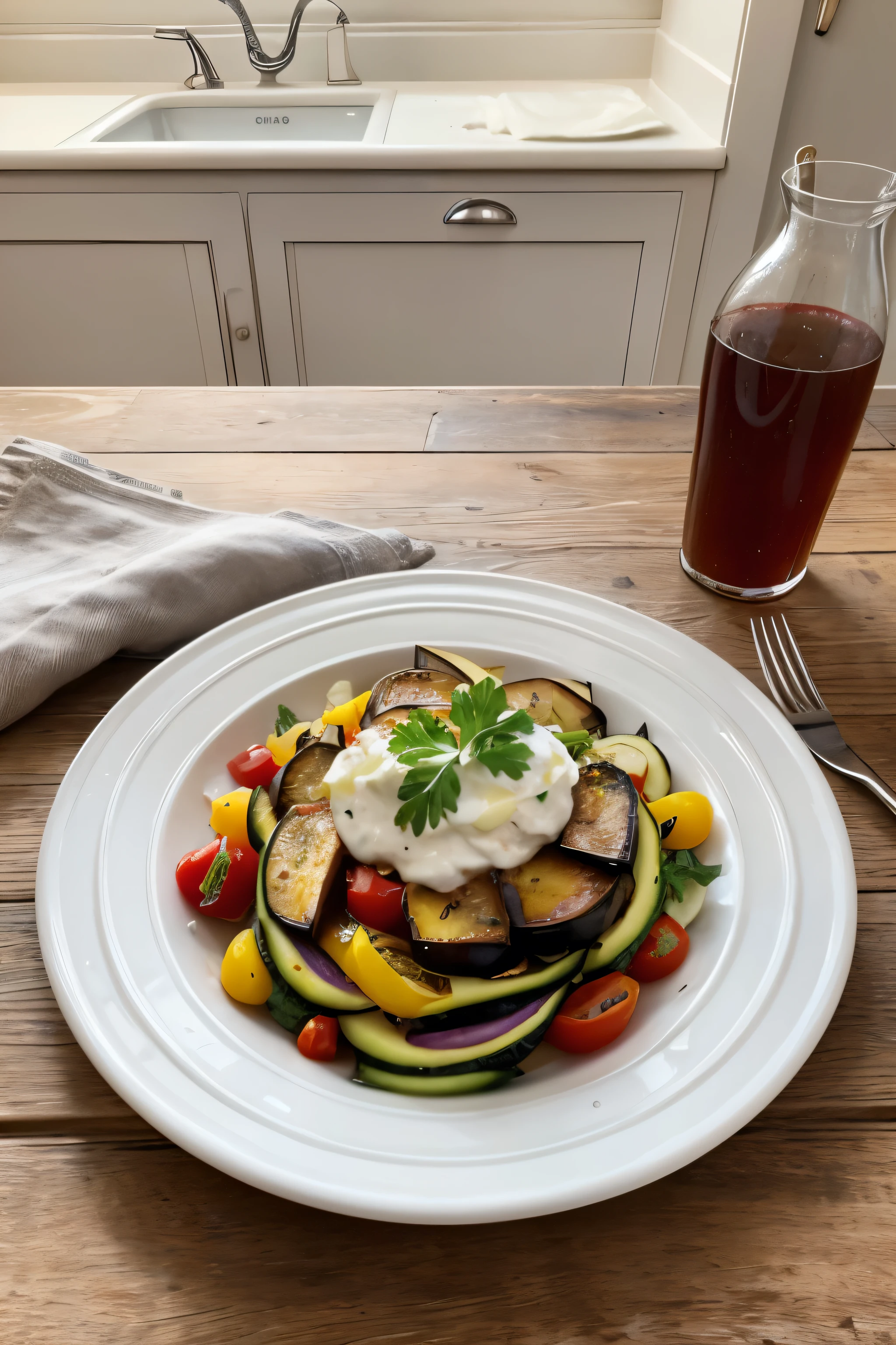 Por favor, generate a realistic image of a typical French Ratatouille dish, artistically arranged on a white plate. The image should capture the essence and details of the food, with vibrant colors of vegetables (Eggplant, zucchini, tomato, bell pepper, onion) arranged in circular layers. The dish should be on a rustic wooden table, with light natural lighting, as if the photo was taken during the day in a charming French kitchen. Also include a linen napkin next to the plate and a silver cutlery partially visible in the photo. The image must have an aesthetic worthy of an Instagram post, showing a dish that has just been prepared and ready to be enjoyed