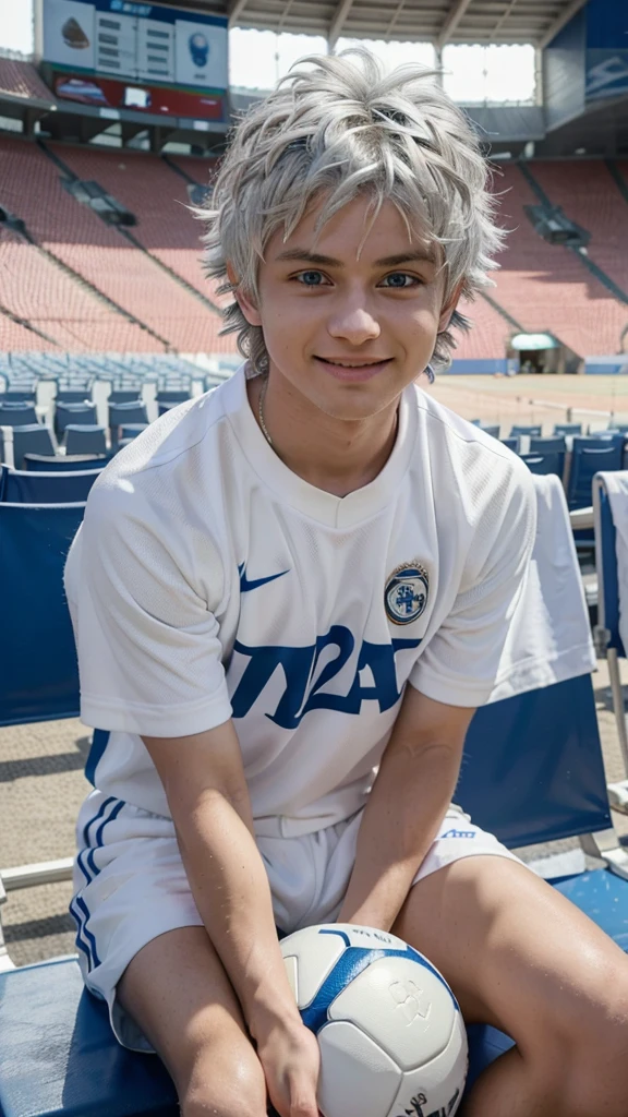 Killua Zoldyck, (Hunter x Hunter), skiped white hair, fluffy hair, messy hair, blue eyes, Real Madrid sports uniform, In a stadium, sitting, a towel on his shoulders, a ball next to him, looking at the camera, with his mouth open smiling :D