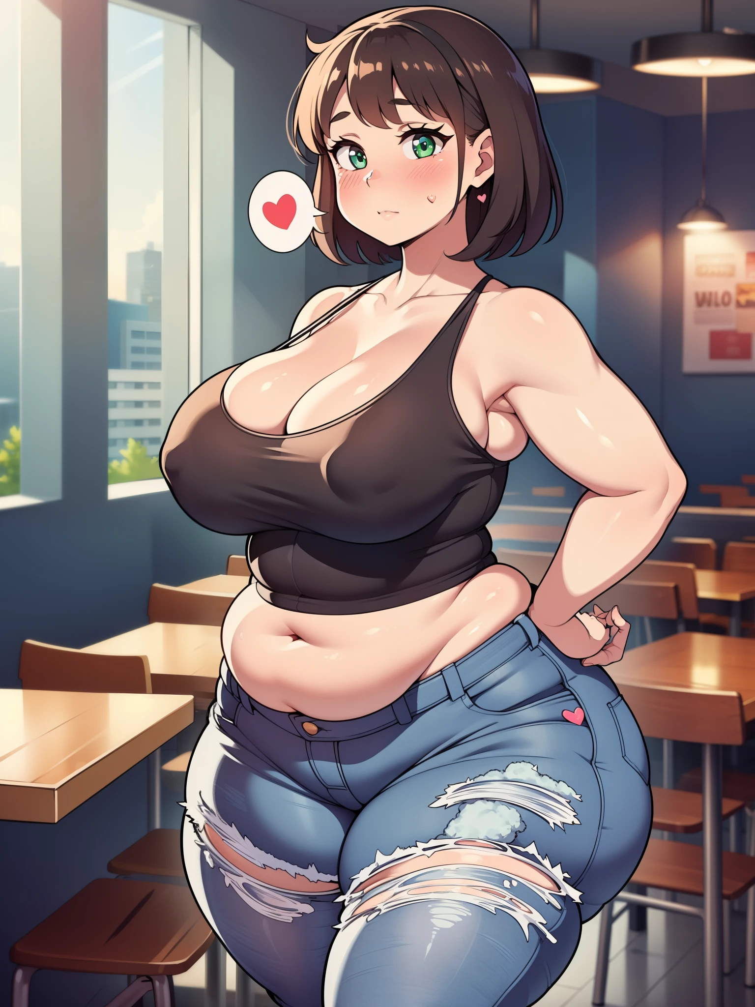 ((highres)), Masterpiece, high quality, best quality, beautiful, perfect lighting, detailed face, ultra cute face, full body, ((1girl)), ((blush)), ((blush)), embarrassed, looking at viewer, skindentation, short brown hair, fluffy hair, green eyes, jeans, tank top, tight clothes, full body, medium breasts, perky breasts, cleavage, (wide hips), ((thick thighs)), ((chubby)), chubby belly, fat folds, standing, arms behind back, looking at viewer, spoken heart, fast food restaurant, detailed background, table full of food,
