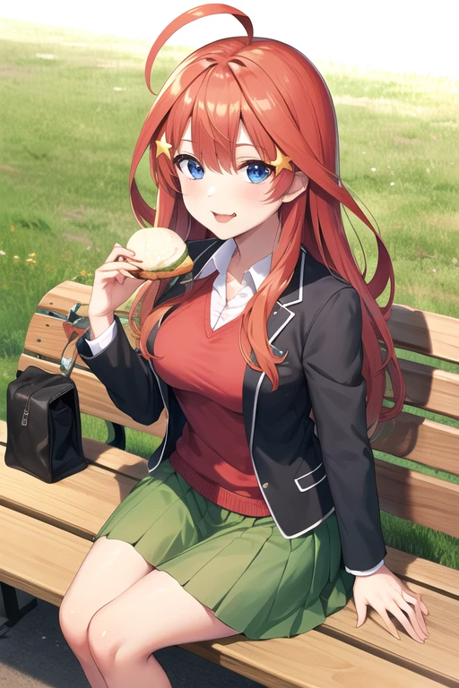 masterpiece, Highest quality, High resolution, aaitsuki, Long Hair, Ahoge, Star hair ornament, , blazer, Black jacket, Open jacket, Red sweater, Long sleeve green skirt, Pleated skirt, Sitting, bench, smile, Open your mouth, food, eat