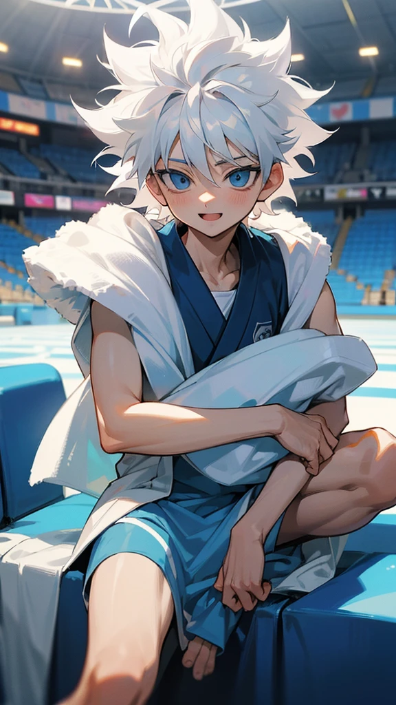 Killua Zoldyck, (Hunter x Hunter), skiped white hair, fluffy hair, messy hair, blue eyes, Real Madrid sports uniform, In a stadium, sitting, a towel on his shoulders, a ball next to him, looking at the camera, with his mouth open smiling :D, (anime style)
