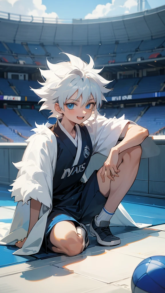 Killua Zoldyck, (Hunter x Hunter), skiped white hair, fluffy hair, messy hair, blue eyes, Real Madrid sports uniform, In a stadium, sitting, a towel on his shoulders, a ball next to him, looking at the camera, with his mouth open smiling :D, (anime style) 