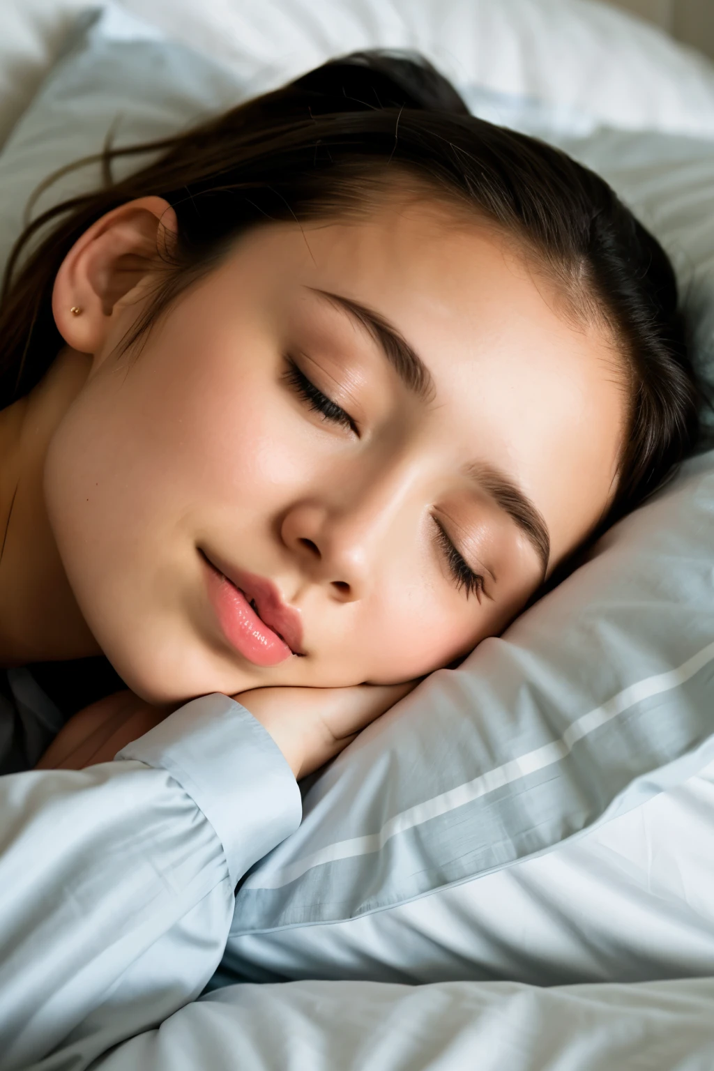 girl lying on a bed sick with pillow and wet pajama shirt, touching the forehead