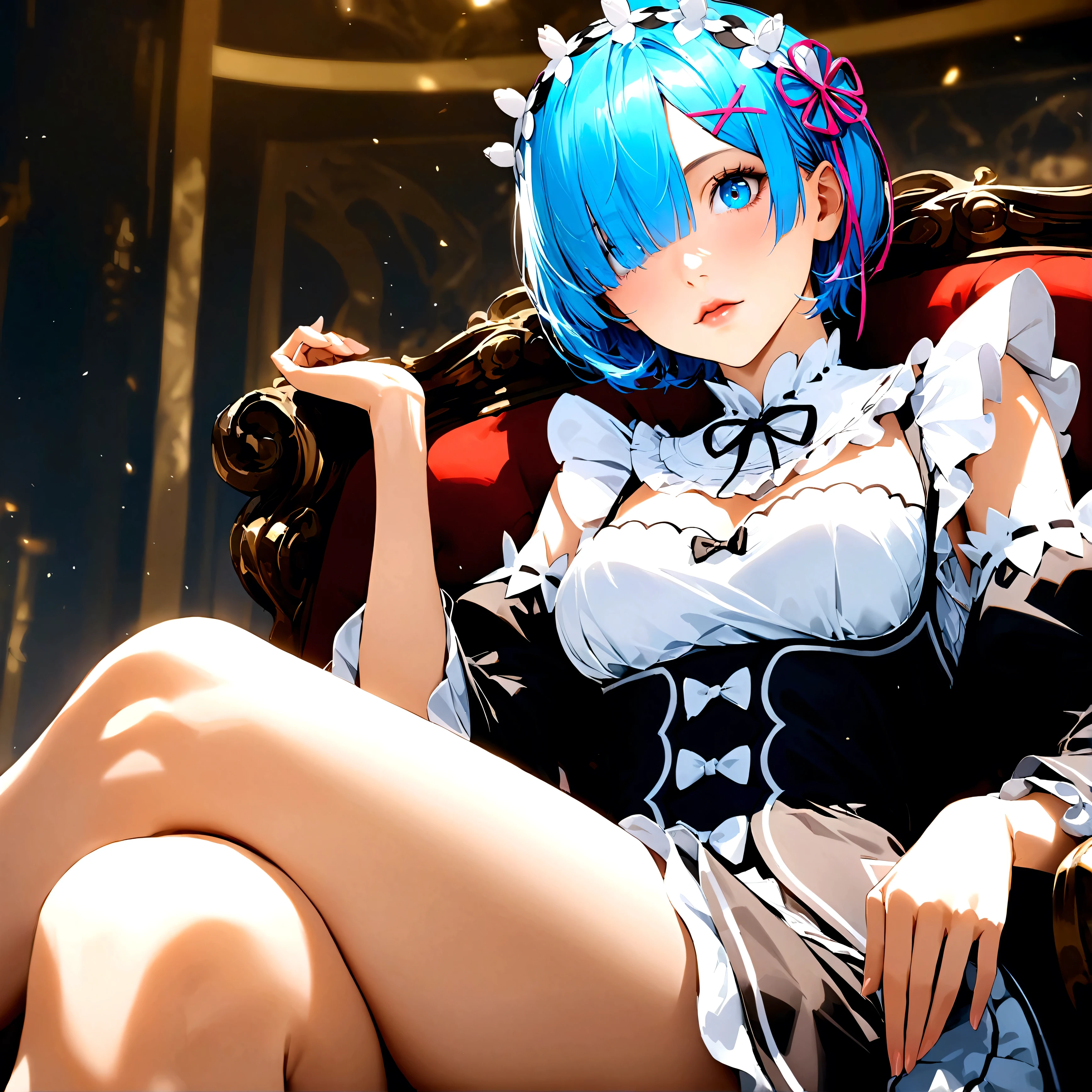 score_9, score_8_up, score_7_up, rem_\(re:zero\)
blue_eyes,hair_over_one_eye,short_hair,blue_hair,hair_ribbon,roswaal_mansion_maid_uniform, 1girl, solo, sitting, crossed legs, from below
Masterpiece, best quality, detailed eyes, perfect face, award winning, hyper-realistic