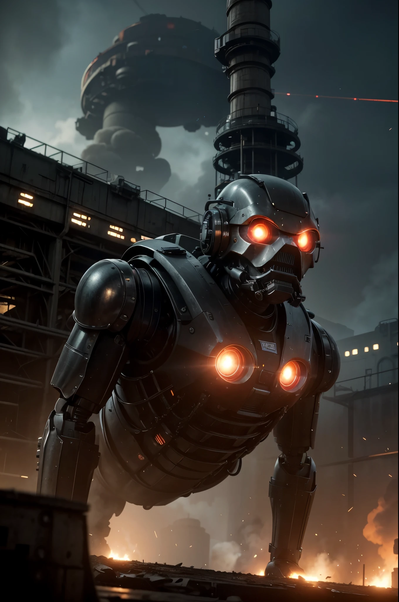 Create an ultra-realistic image of a dystopian, futuristic factory where advanced machinery is extracting energy resources, using human slaves as labor. The scene should depict a massive, industrial complex with towering, ominous structures made of dark metals and advanced engineering.
The factory should be filled with intricate machinery, including robotic arms and conveyor belts, tirelessly working to extract and process energy resources. These machines should have a sleek yet menacing design, with glowing lights indicating their active status.
Human slaves, dressed in ragged, dirty clothing, should be seen performing various tasks under the watchful eyes of robotic overseers. These overseers should have an imposing, metallic appearance with glowing red eyes and advanced weaponry, ensuring complete control over the human laborers.
The factory environment should be harsh and oppressive, with large pipes emitting steam and smoke, and the air thick with pollution. Convey a sense of relentless industrial activity, with loud machinery noises and an atmosphere filled with tension and despair.
Include energy resource extraction points where the machinery is actively drilling into the ground or processing raw materials. These areas should be brightly illuminated by artificial lights, contrasting sharply with the dark and grim surroundings.
In the background, towering storage tanks and massive reactors should be visible, indicating the scale of the operation. The sky above the factory should be dark and polluted, with occasional flashes of lightning adding to the foreboding atmosphere.
Ensure the overall quality is photorealistic, capturing every intricate detail of the advanced machinery, the suffering of the human slaves, and the oppressive industrial environment. The image should evoke a sense of horror and hopelessness, highlighting the bleak reality of a world dominated by ruthless technological exploitation