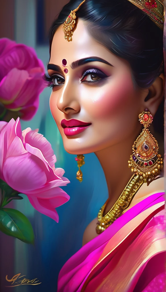 elegant and glamorous indian woman in a bright pink silk saree, detailed beautiful face with pink lips, bright eyes, long eyelashes, glamorous makeup, updo hairstyle with delicate floral hairpiece, whole body visible with an open, curvy figure, detailed elegant silk saree with intricate prints, blurred dark neon toned background, ultra-detailed, high resolution, painted with dry brush strokes in the style of Razumov and Garmash, by Tokaito