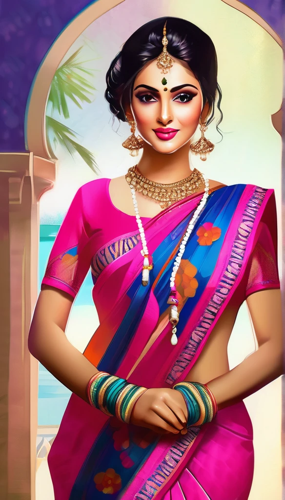 elegant and glamorous indian woman in a bright pink silk saree, detailed beautiful face with pink lips, bright eyes, long eyelashes, glamorous makeup, updo hairstyle with delicate floral hairpiece, whole body visible with an open, curvy figure, detailed elegant silk saree with intricate prints, blurred dark neon toned background, ultra-detailed, high resolution, painted with dry brush strokes in the style of Razumov and Garmash, by Tokaito
