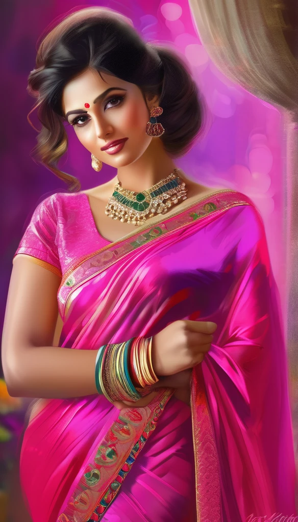 elegant and glamorous indian woman in a bright pink silk saree, detailed beautiful face with pink lips, bright eyes, long eyelashes, glamorous makeup, updo hairstyle with delicate floral hairpiece, whole body visible with an open, curvy figure, detailed elegant silk saree with intricate prints, blurred dark neon toned background, ultra-detailed, high resolution, painted with dry brush strokes in the style of Razumov and Garmash, by Tokaito