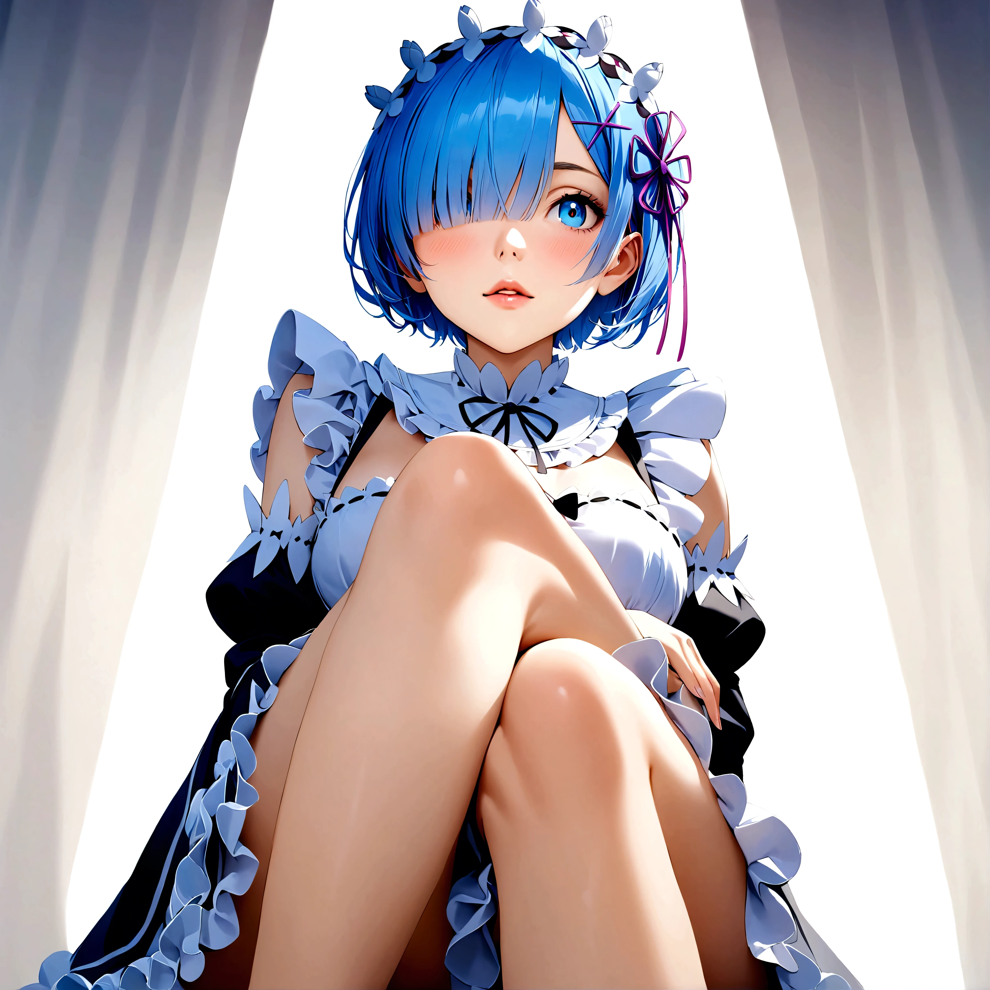 score_9, score_8_up, score_7_up, rem_\(re:zero\)
blue_eyes,hair_over_one_eye,short_hair,blue_hair,hair_ribbon,roswaal_mansion_maid_uniform, 1girl, solo, sitting, crossed legs, from below
Masterpiece, best quality, detailed eyes, perfect face, award winning, hyper-realistic