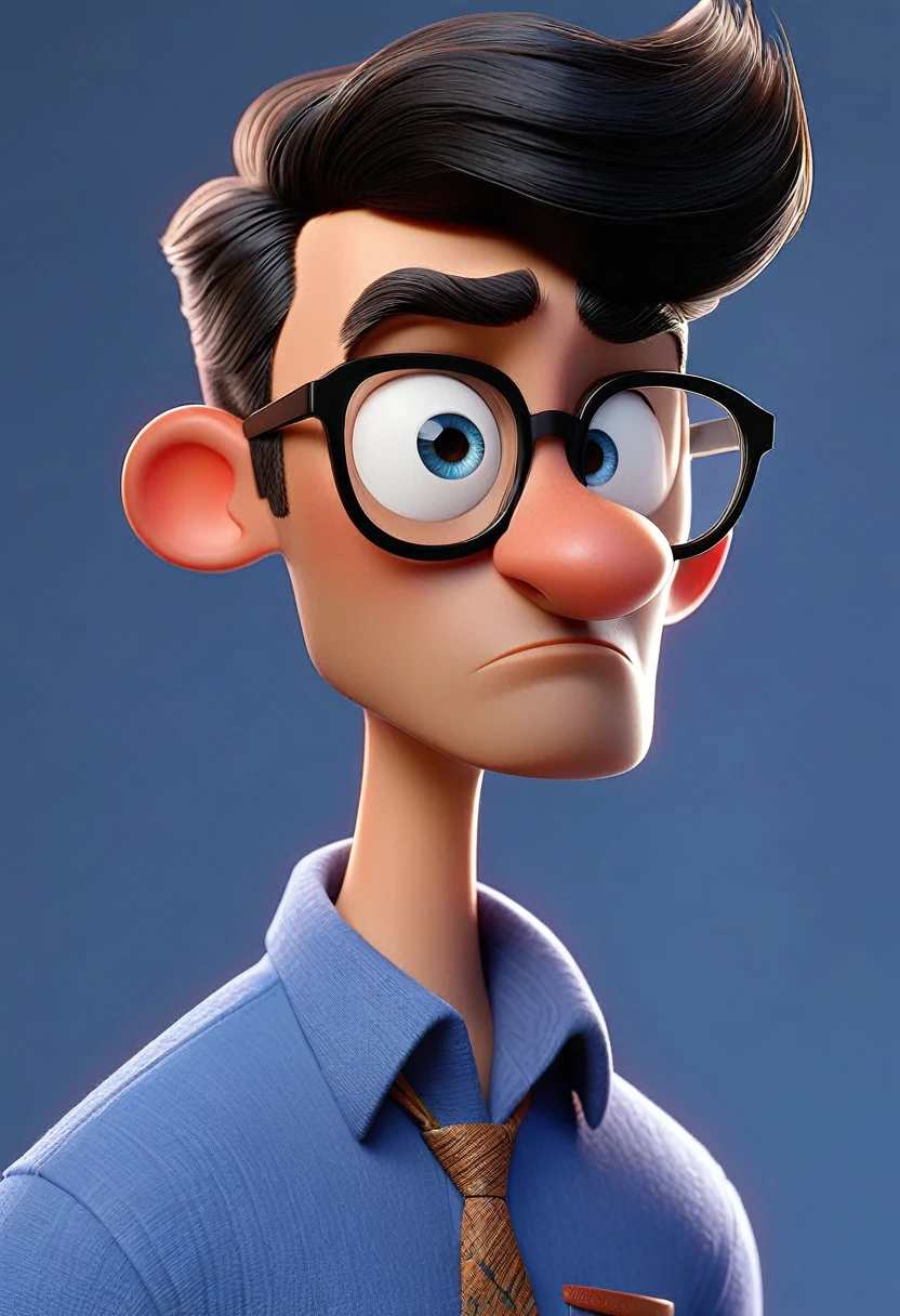 Cartoon character of a man with black glasses and a blue shirt, animation character, Caractere estilizado, animation style rendering, 3D estilizado, Arnold Maya render, 3 d render stylized, toon render keyshot, Personagem 3D, Personagem 3D, 3d rendering stylized, 3 d character render, personagem de desenho animado, Personagem de close up, Pose de personagem, (Estilo Pixar) (master part:1.2) (Bokeh) (best quality) (pele detalhada) (textura detalhada) (8k) (argila) (Cinematic lighting) (foco nítido