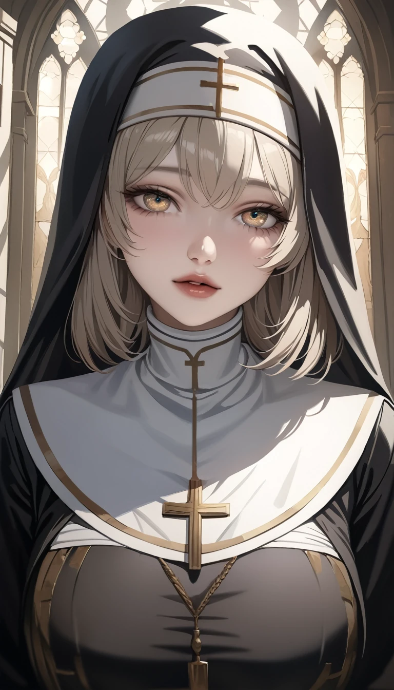 A girl dressed as a nun, beautiful detailed eyes, beautiful detailed lips, extremely detailed eyes and face, long eyelashes, traditional nun attire, calm expression, kneeling in a church, soft and warm lighting, realistic oil painting, high-resolution (4k, 8k, or masterpiece:1.2), religious art style, warm and muted color tones.