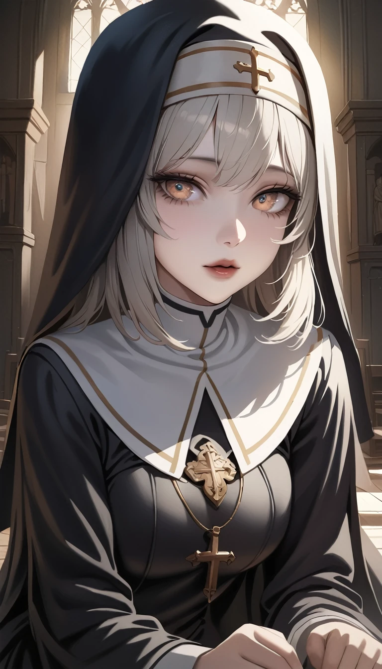 A girl dressed as a nun, beautiful detailed eyes, beautiful detailed lips, extremely detailed eyes and face, long eyelashes, traditional nun attire, calm expression, kneeling in a church, soft and warm lighting, realistic oil painting, high-resolution (4k, 8k, or masterpiece:1.2), religious art style, warm and muted color tones.