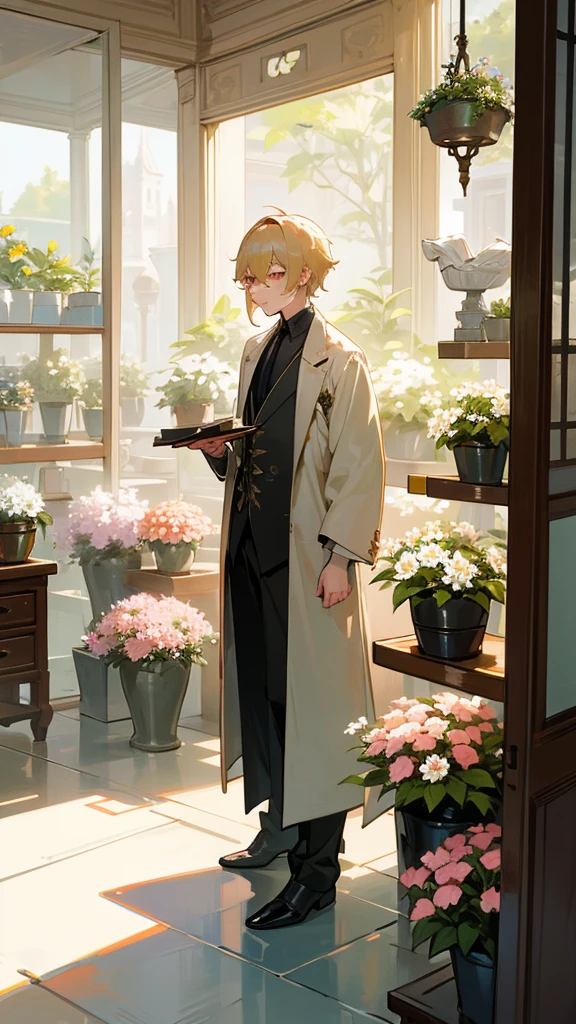 extremely delicate and beautiful, incredible, fine-details, work of art, ultra detali, high resolution,Best illustration, best shade,intricate,sharp focus, high qualiy, 1 men, standing alone, hair blonde. Eyes red, impacto kaveh genshin, flower shop front, flowers in pots, flowers for sale