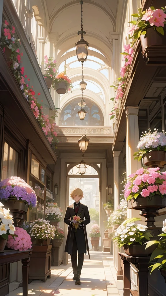 extremely delicate and beautiful, incredible, fine-details, work of art, ultra detali, high resolution,Best illustration, best shade,intricate,sharp focus, high qualiy, 1 men, standing alone, hair blonde. Eyes red, impacto kaveh genshin, flower shop front, flowers in pots, flowers for sale