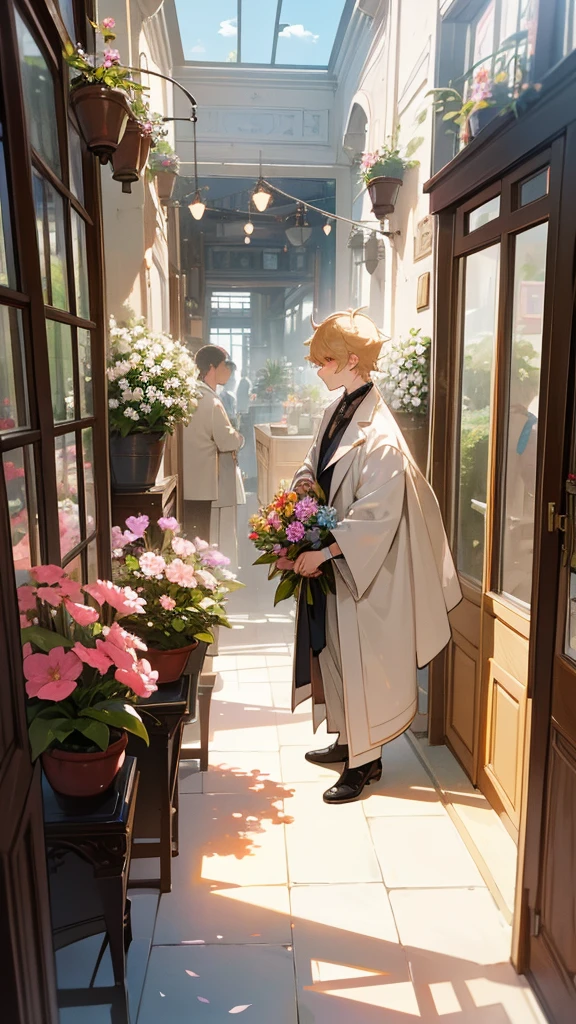 extremely delicate and beautiful, incredible, fine-details, work of art, ultra detali, high resolution,Best illustration, best shade,intricate,sharp focus,  high qualiy, 1 men, standing alone, hair blonde. Eyes red, impacto kaveh genshin, flower shop front, flowers in pots, flowers for sale