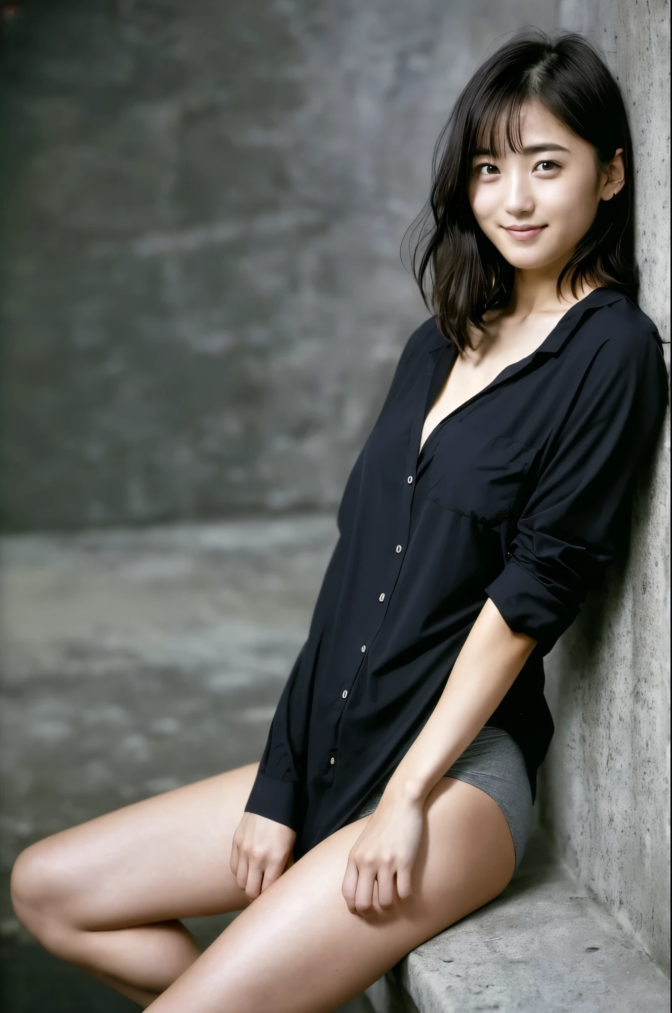 (((One girl,alone))),(Highly realistic photos, High resolution, Detailed face, Beautiful Eyes) Japanese women, 21 years old, Cute face, alone:1, Nice body, Plump figure, Medium chest, ,Hairstyle, Very closely tied, Take a photo book,Thighs、Dark Sky、darkness、Blade Runner,shirt、Leg spread,Healthy Body,smile