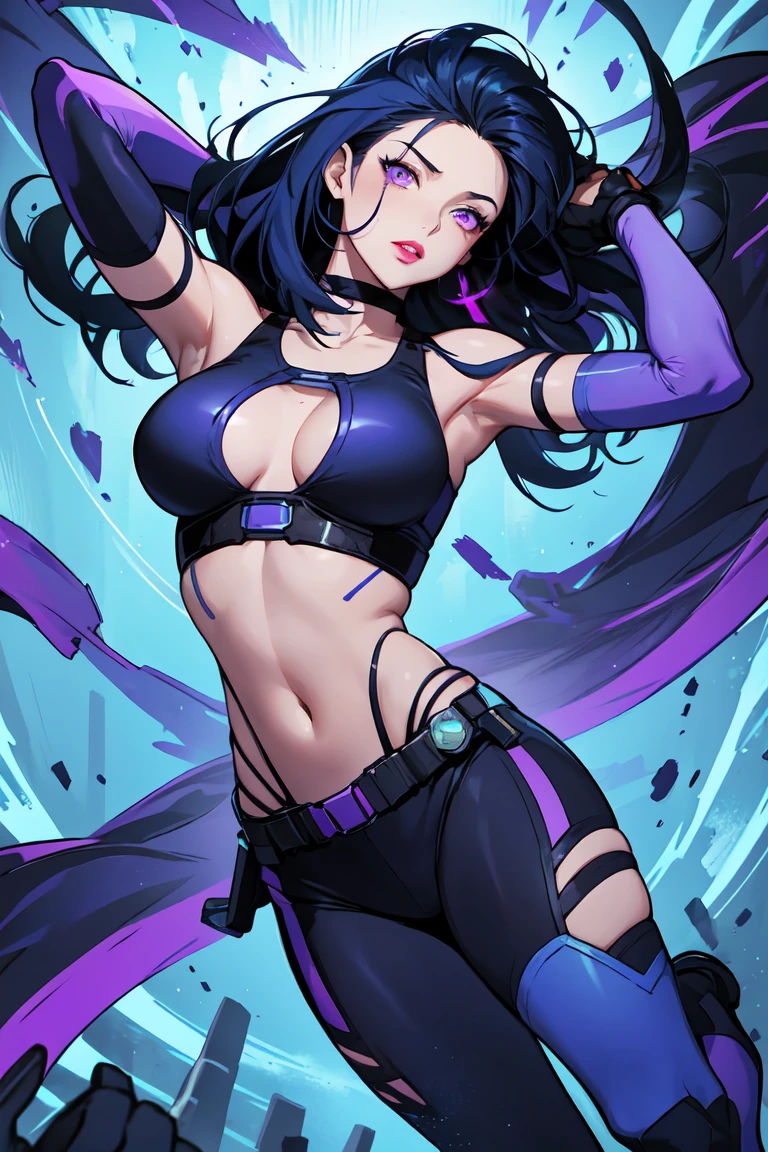 1. Light skinned woman 2. Long spiky navy blue hair/dark 3. lips painted blue and purple 4. Purple eyes 5. Attractive clothing with technological implants whose predominant colors are Blue and Purple (Example Alita from Battle Angel)
6. wears dark blue boots 7. He has blue gloves 8. Both his arms and legs are uncovered., that is to say, his technological combat suit only covers his torso, waist and chest, the elbows, arms and legs are uncovered.