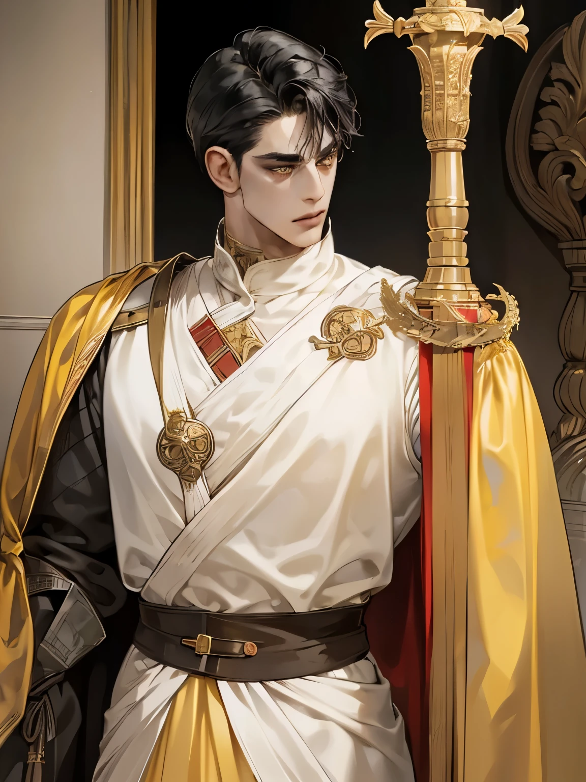 (((man))), (((mature))), black hair, ((dark skin)), Dark-skinned man, short tousled hair, yellow eyes, medieval knight costume, red army captain costume, medieval clothing 19th century, detailed face, Beautiful, in a palace, With a sword, cold look, broad shoulders, rude