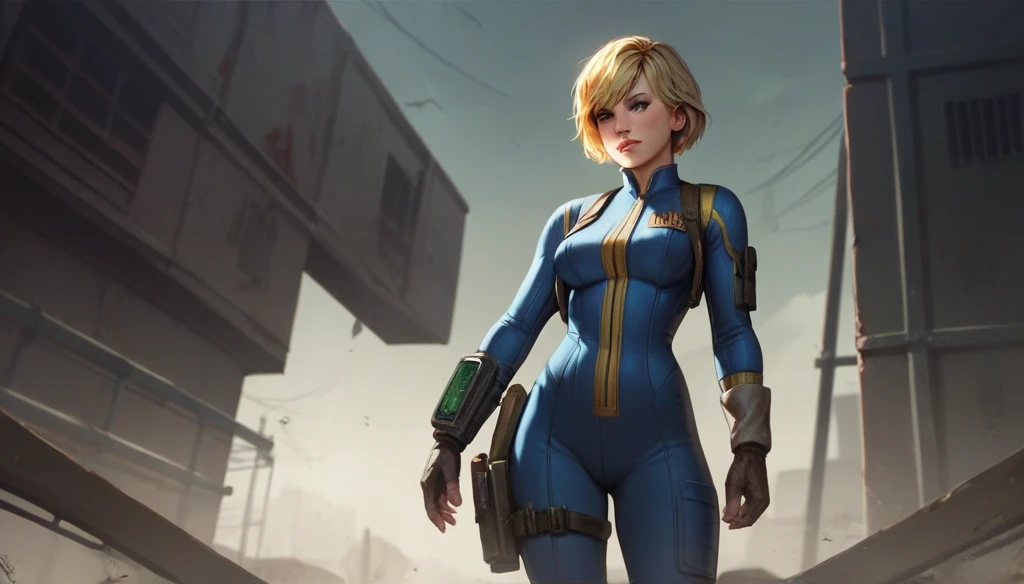 1girl, Heather Mason (Silent Hill 3), blonde hair, short hair, vault jumpsuit (fallout games), high resolution, masterpiece