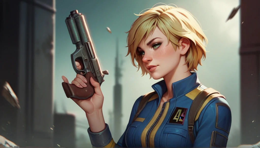 1girl, Heather Mason (Silent Hill 3), blonde hair, short hair, vault jumpsuit (fallout games), high resolution, masterpiece