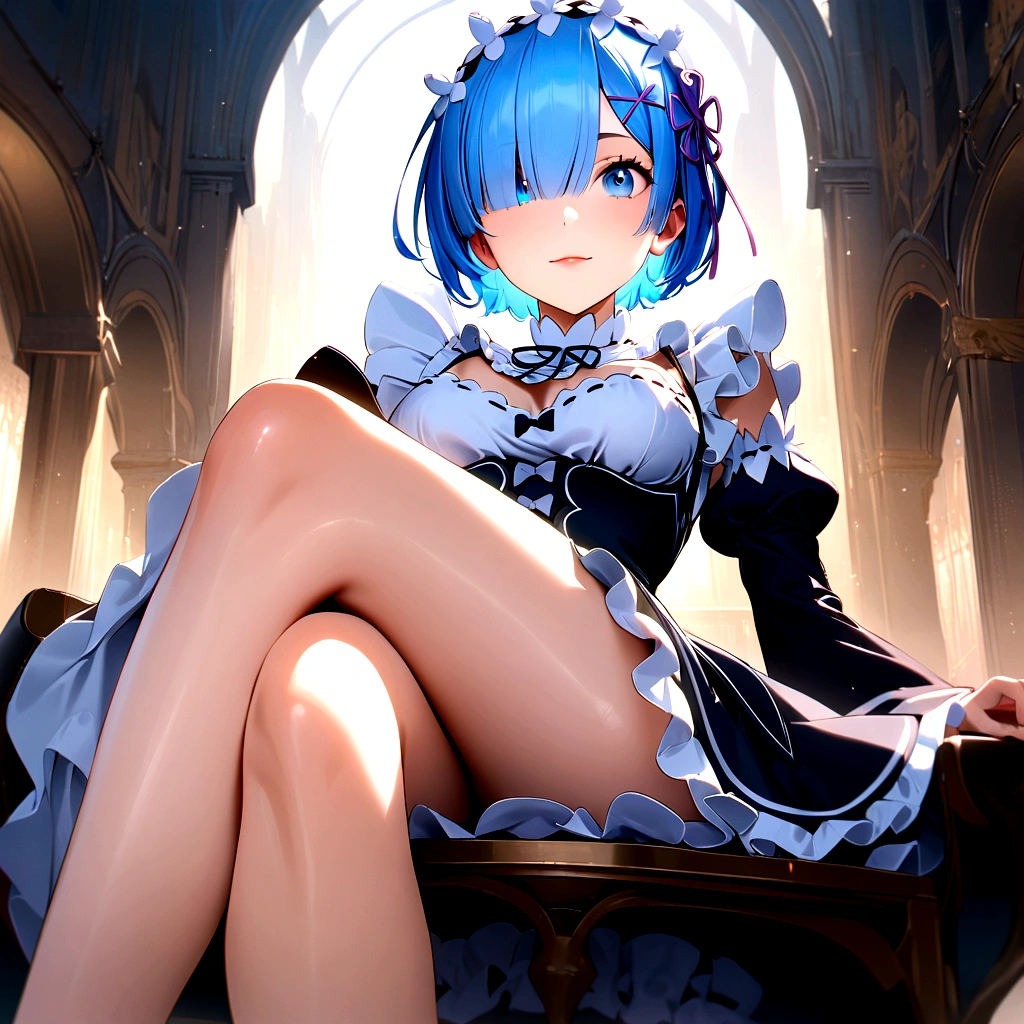 score_9, score_8_up, score_7_up, rem_\(re:zero\)
blue_eyes,hair_over_one_eye,short_hair,blue_hair,hair_ribbon,roswaal_mansion_maid_uniform, 1girl, solo, sitting, crossed legs, from below
Masterpiece, best quality, detailed eyes, perfect face, award winning, hyper-realistic