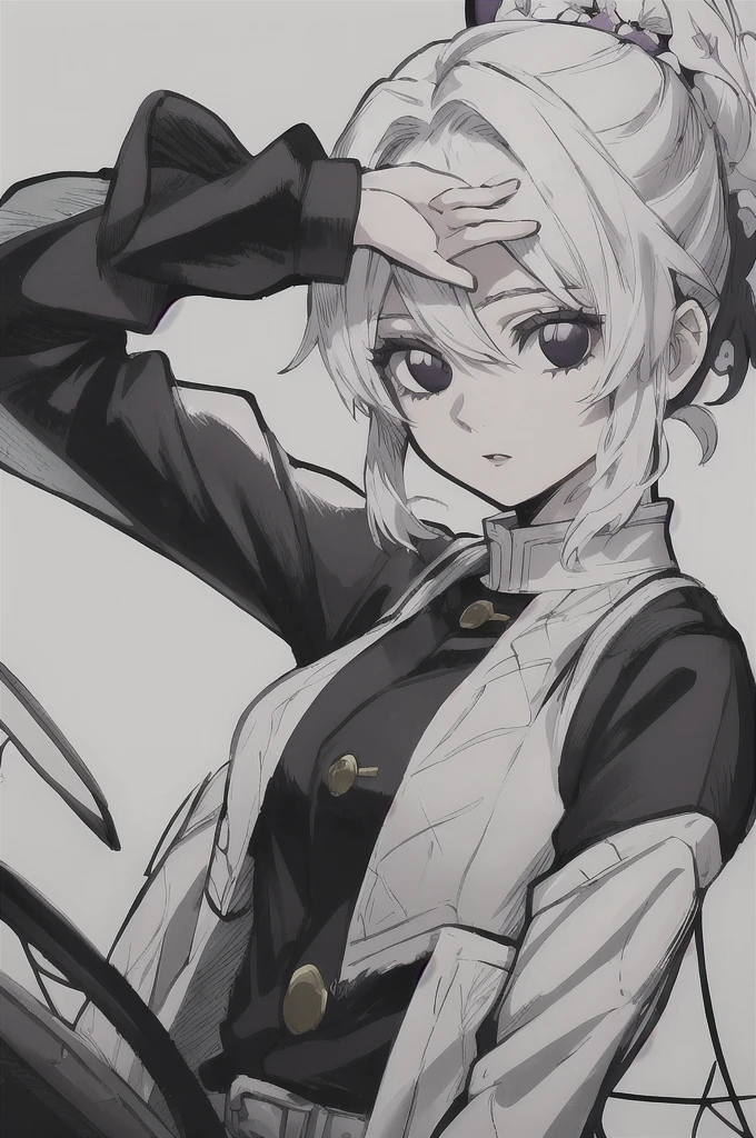 girl with short white hair, white eyes, demon slayer uniform, highly detailed high contrast hd masterpiece of best quality in high resolution