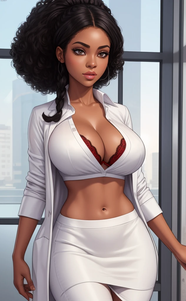 white silk shirt, deep v neck, white lab coat, , red lace bra, pencil skirt, black woman, black afro