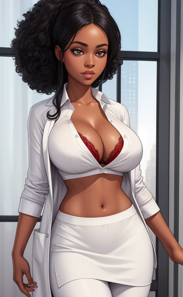 white silk shirt, deep v neck, white lab coat, , red lace bra, pencil skirt, black woman, black afro