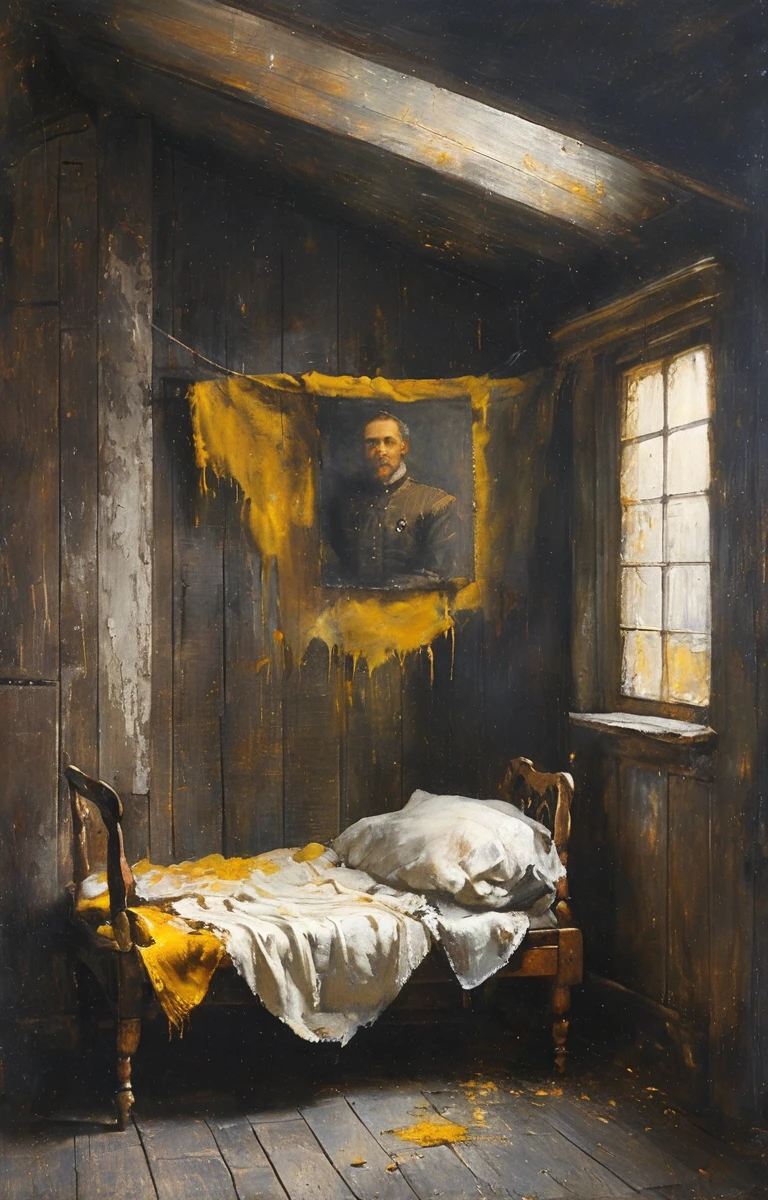 Create a scene in an old attic with the following items:

Main Scenario:

An old portrait on a lectern, covered by a white blanket with blood stains. The portrait must not be visible.
Left Corner of the Attic:

A box with a blood-stained yellow scarf placed on or partially inside it.
Right Corner of the Attic:

a lit candle, dimly illuminating the attic. The candle must be in the process of going out, emitting smoke.
Additional details:

Add some cobwebs scattered around the attic, but in minimal quantities to give a touch of antiquity without overloading the image.
Make sure the atmosphere is dark and mysterious, with soft lighting and shadows that add a dramatic effect to the scene.

