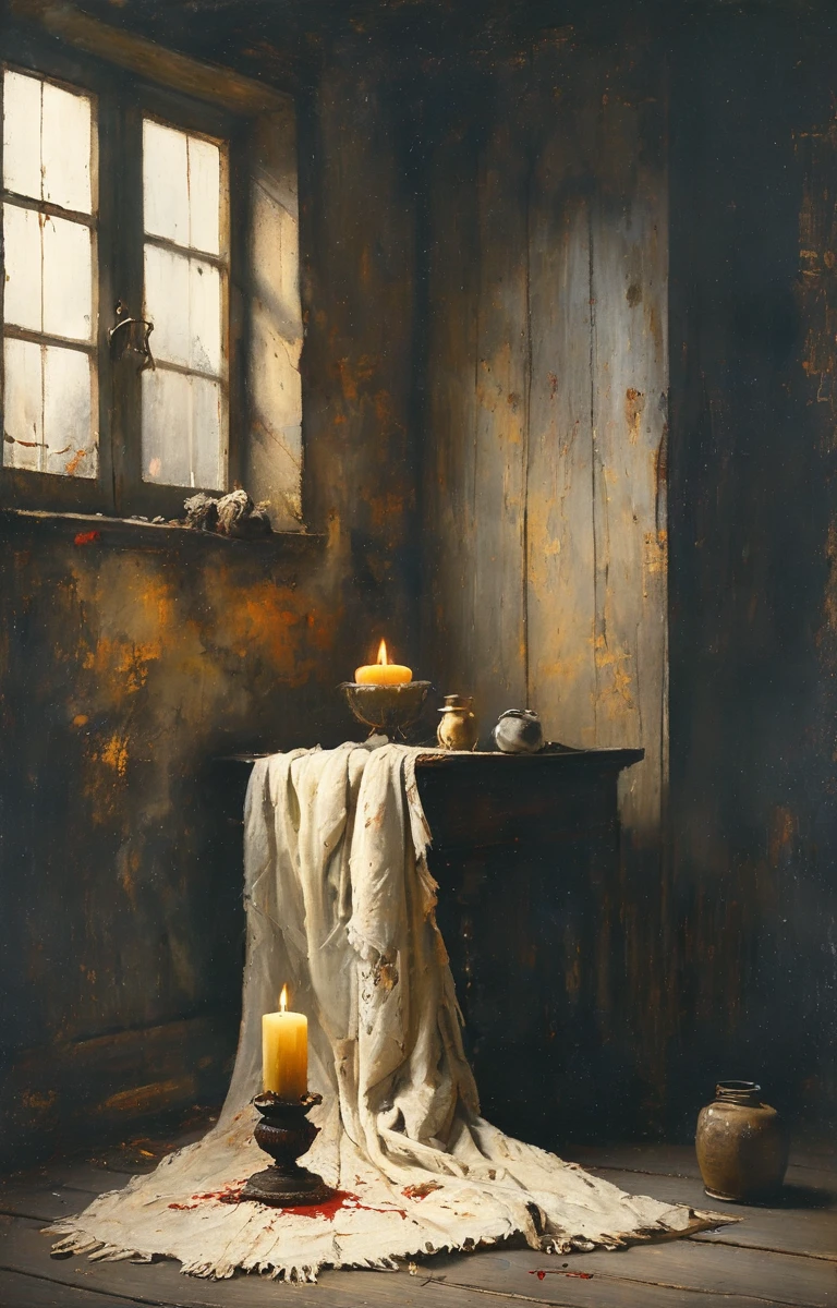 Create a scene in an old attic with the following items:
Main Scenario:
An old portrait on a lectern, covered by a white blanket with blood stains. The portrait must not be visible.
Left Corner of the Attic:
A box with a blood-stained yellow scarf placed on or partially inside it.
Right Corner of the Attic:
a lit candle, dimly illuminating the attic. The candle must be in the process of going out, emitting smoke.
Additional details:
Add some cobwebs scattered around the attic, but in minimal quantities to give a touch of antiquity without overloading the image.
Make sure the atmosphere is dark and mysterious, with soft lighting and shadows that add a dramatic effect to the scene.