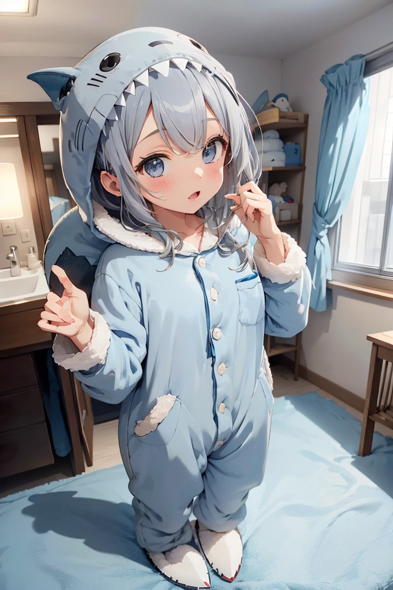 a bit, Nendoroid, ((Worst quality, low quality)), ((close), profile,1.5 Left Facing), (10 year old girl), Gray Hair, (Fluffy shark costume pajamas:1.4), (Open Income:1.2), (Light blue pajamas:1.4), Animal Hoodie, (Hooded:1.Under the hoodie, Oversized hoodie, Five Fingers, Perfect hands, Late night bedroom background, Sleeping in bed、Offer your hand、Pose you want to hug、Highest quality,Very detailed, masterpiece,Washroom at night、((((Washroom at nightで鏡を見ながら歯ブラシをもって歯磨きをする))))、1 toothbrush