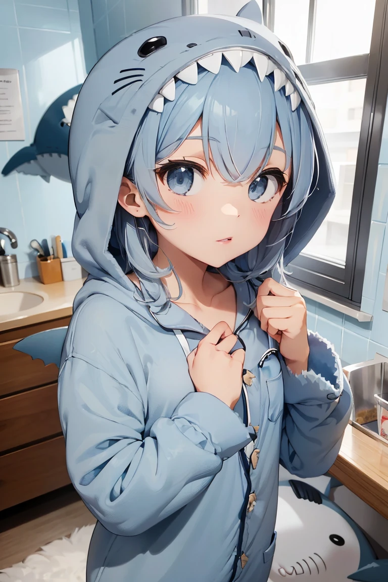 a bit, Nendoroid, ((Worst quality, low quality)), ((close), profile,1.5 Left Facing), (10 year old girl), Gray Hair, (Fluffy shark costume pajamas:1.4), (Open Income:1.2), (Light blue pajamas:1.4), Animal Hoodie, (Hooded:1.Under the hoodie, Oversized hoodie, Five Fingers, Perfect hands, Late night bedroom background, Sleeping in bed、Offer your hand、Pose you want to hug、Highest quality,Very detailed, masterpiece,Washroom at night、((((Washroom at nightで鏡を見ながら歯ブラシをもって歯磨きをする))))、1 toothbrush
