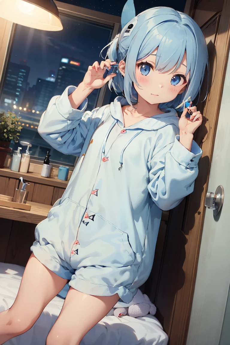 a bit, Nendoroid, ((Worst quality, low quality)), ((close), profile,1.5 Left Facing), (10 year old girl), Gray Hair, (Fluffy shark costume pajamas:1.4), (Open Income:1.2), (Light blue pajamas:1.4), Animal Hoodie, (Hooded:1.Under the hoodie, Oversized hoodie, Five Fingers, Perfect hands, Late night bedroom background, Sleeping in bed、Offer your hand、Pose you want to hug、Highest quality,Very detailed, masterpiece,Washroom at night、((((Washroom at nightで鏡を見ながら歯ブラシをもって歯磨きをする))))、1 toothbrush