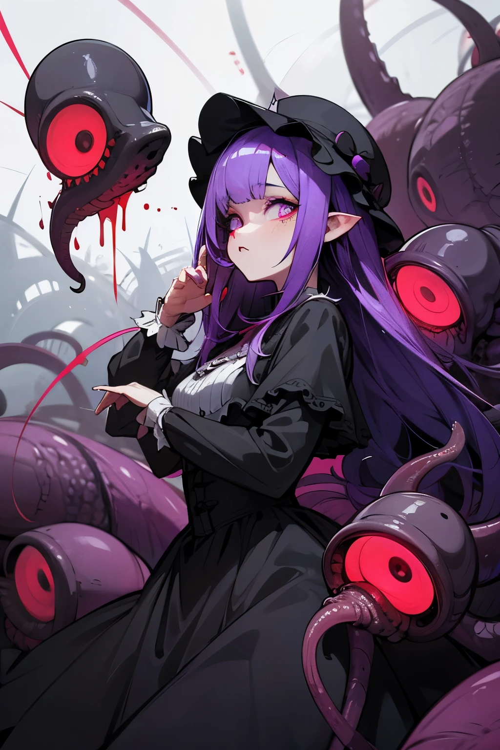 A Latin girl wearing a ta dress. Her face has a grotesque, twisted purple parasite that starts from her left eye and extends down her left cheek. The parasite has a slimy, tentacle-like texture. Her right eye is a vivid yellow. The left eye is entirely covered by the parasite, which has its own monstrous, bloodshot eye with a dilated pupil in the position of her left eye. The parasite's eye is large, with irregular veins and a pulsating, eerie glow.