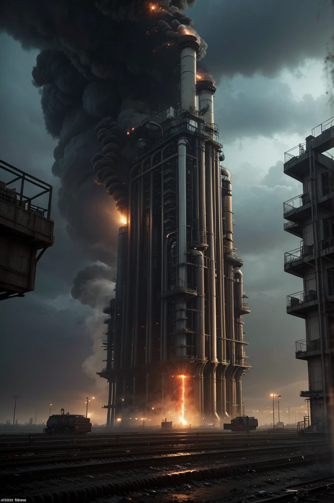 Create an ultra-realistic image of a dystopian, futuristic factory where advanced machinery is extracting energy resources, using human slaves as labor. The scene should depict a massive, industrial complex with towering, ominous structures made of dark metals and advanced engineering. The factory should be filled with intricate machinery, including robotic arms and conveyor belts, tirelessly working to extract and process energy resources. These machines should have a sleek yet menacing design, with glowing lights indicating their active status. Human slaves, dressed in ragged, dirty clothing, should be seen performing various tasks under the watchful eyes of robotic overseers. These overseers should have an imposing, metallic appearance with glowing red eyes and advanced weaponry, ensuring complete control over the human laborers. The factory environment should be harsh and oppressive, with large pipes emitting steam and smoke, and the air thick with pollution. Convey a sense of relentless industrial activity, with loud machinery noises and an atmosphere filled with tension and despair. Include energy resource extraction points where the machinery is actively drilling into the ground or processing raw materials. These areas should be brightly illuminated by artificial lights, contrasting sharply with the dark and grim surroundings. In the background, towering storage tanks and massive reactors should be visible, indicating the scale of the operation. The sky above the factory should be dark and polluted, with occasional flashes of lightning adding to the foreboding atmosphere. Ensure the overall quality is photorealistic, capturing every intricate detail of the advanced machinery, the suffering of the human slaves, and the oppressive industrial environment. The image should evoke a sense of horror and hopelessness, highlighting the bleak reality of a world dominated by ruthless technological exploitation