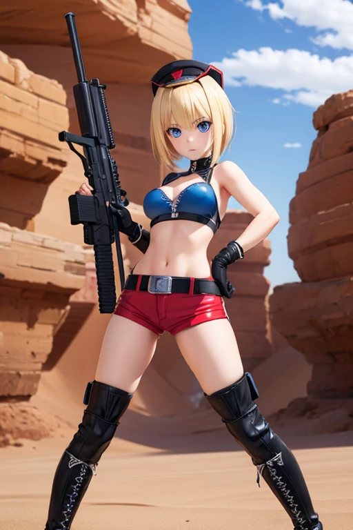 Highest quality,Highest Resolution,(((hot pants boots))) Metal Max 2:Reloaded Lena gun Blonde short Blue Eyes C Cup 18-year-old end of the century desert