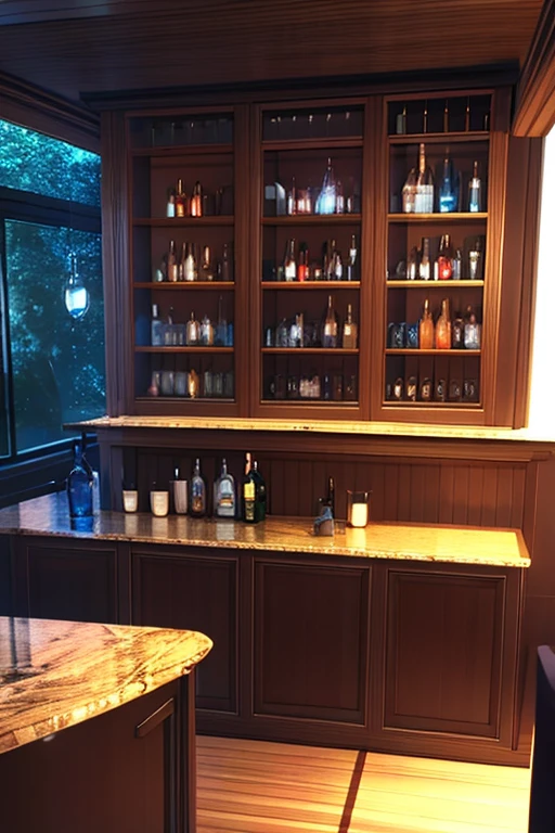 Drinks cabinet, bar, dim lighting. Bottles and glasses in the background... Animation style, 3D anime scenery.