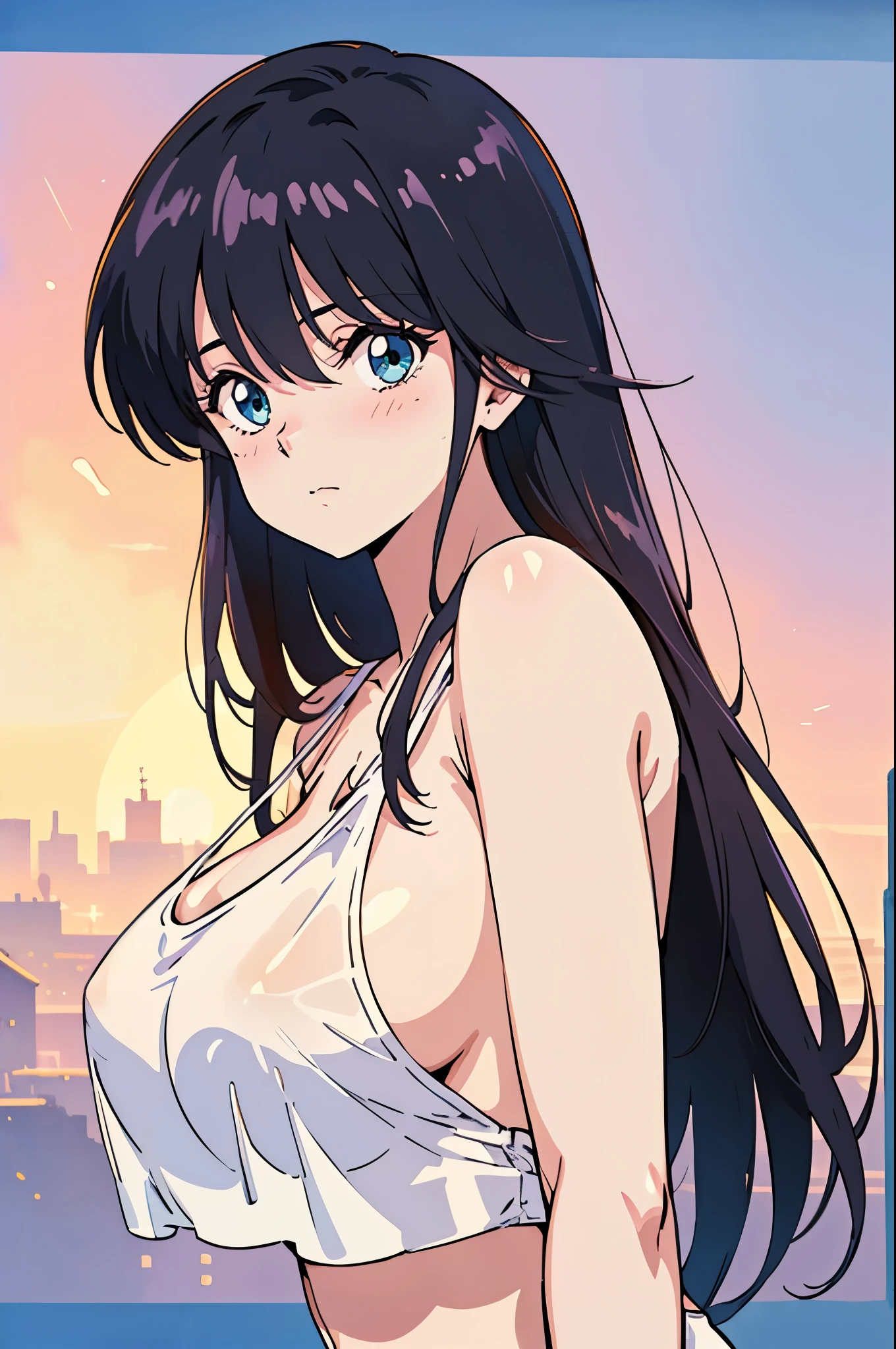 (masutepiece, Best Quality, High resolution:1.5, anime colours, megami magazine:1.2, anime poster style, anime keyvisual, sharp, 8k, photorealistic), (beautiful detailed eyes:1.5, beautiful detailed face:1.2), madoka ayukawa, 1girl, blush, (black hair, Long Hair), (sagging huge breasts), (tank top:1.2, no bra), upper body, (Perfect detailed Anatomy, beautiful detailed hair, beautiful detailed body:1.2, shiny skin), (thick outline, Beautiful outlines, black outlines), simple background:1.5