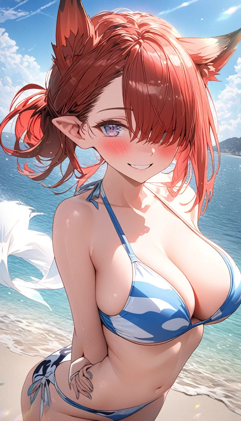 (8k, 4k, Masterpiece, Ultra quality, Ultra detail, HDR, Anime, Brighter colors), (1girl, Kitsune ears, Cherry-red hair, medium hair, Bangs over one eye, Tied hair, Blush,smiling, breasts, (swimsuit, thigh highs), Standing , Hands behind back