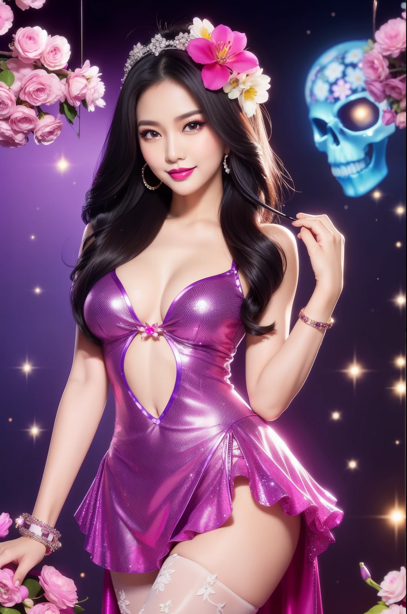 sexy Thai model who controls poison、beautiful smile、lip-gloss、bold lipstick、intense makeup、look at the camera、full body Esbian、、sparkling poisoned flower costume、、、、sparkling Colorful hair、secrete poison、skull hair accessories、sexy tights、shiny sparkling flowers background