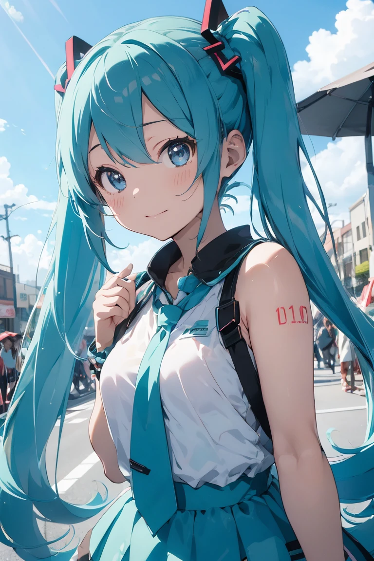 Hatsune Miku 1 unit, colorful parade, Dream sweets, enjoy, Blue Twintails, cute, ((I'll reach out here)), Close your eyes and laugh, Laughing with your mouth open, Lovely cheeks, Optics, masterpiece, Highest quality, Ultra HD
