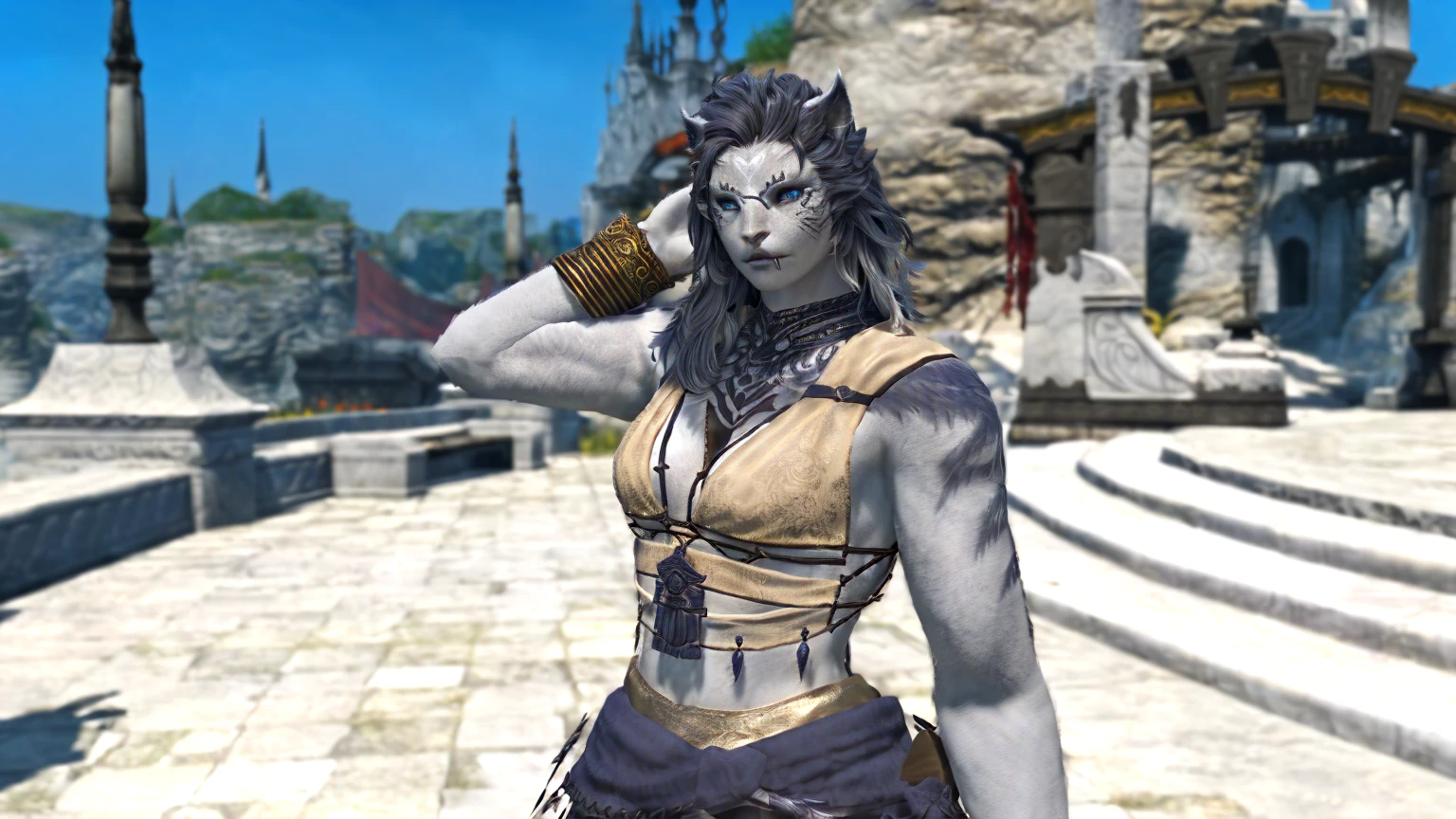 A beautiful female Hrothgar from Final Fantasy 14, pale grey skin, long white hair, detailed facial features, ornate dark clothing, intricate tribal tattoos, standing in a magical fantasy landscape, glowing magical runes, dramatic lighting, cinematic composition, highly detailed, photorealistic, 8k, masterpiece