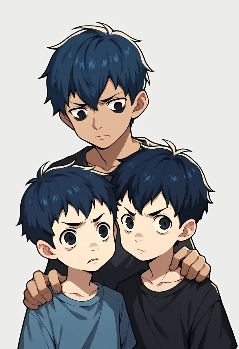 boy, children, dark blue hair, black eyes, fear expression