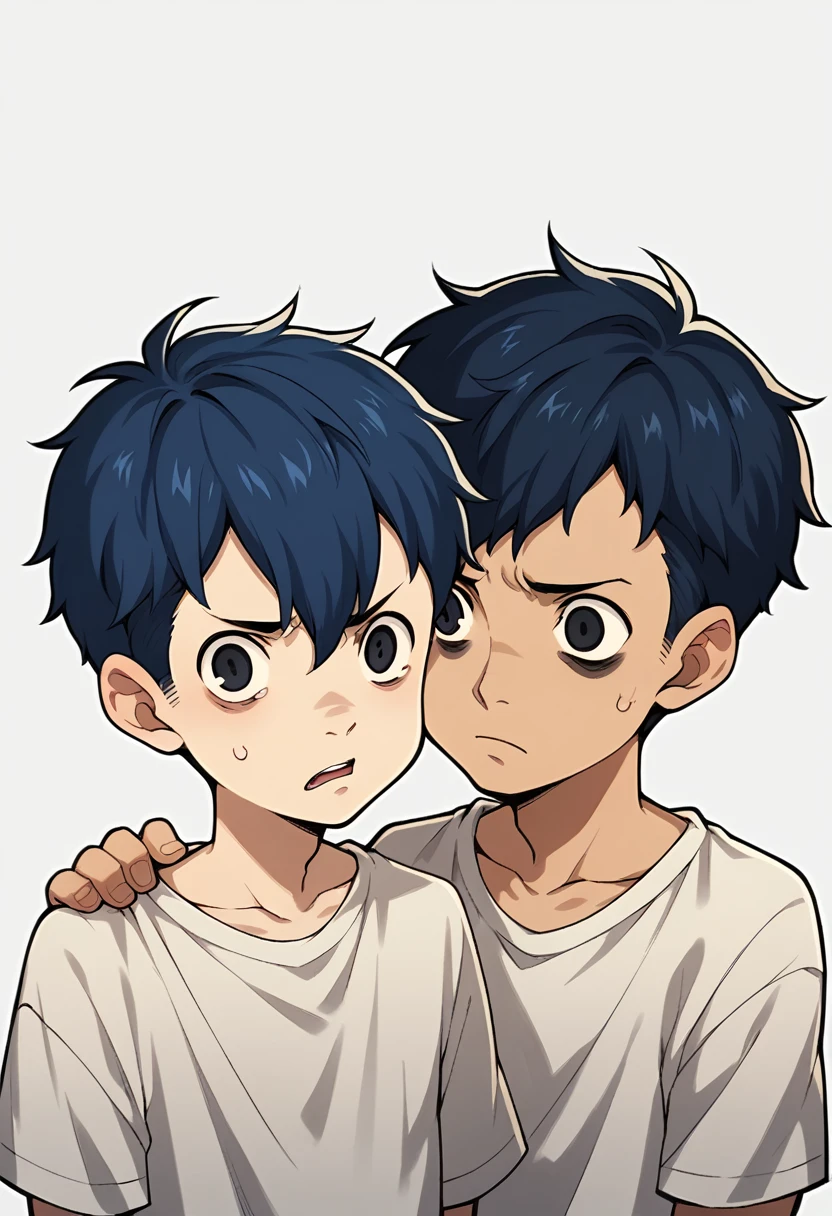 boy, children, dark blue hair, black eyes, fear expression