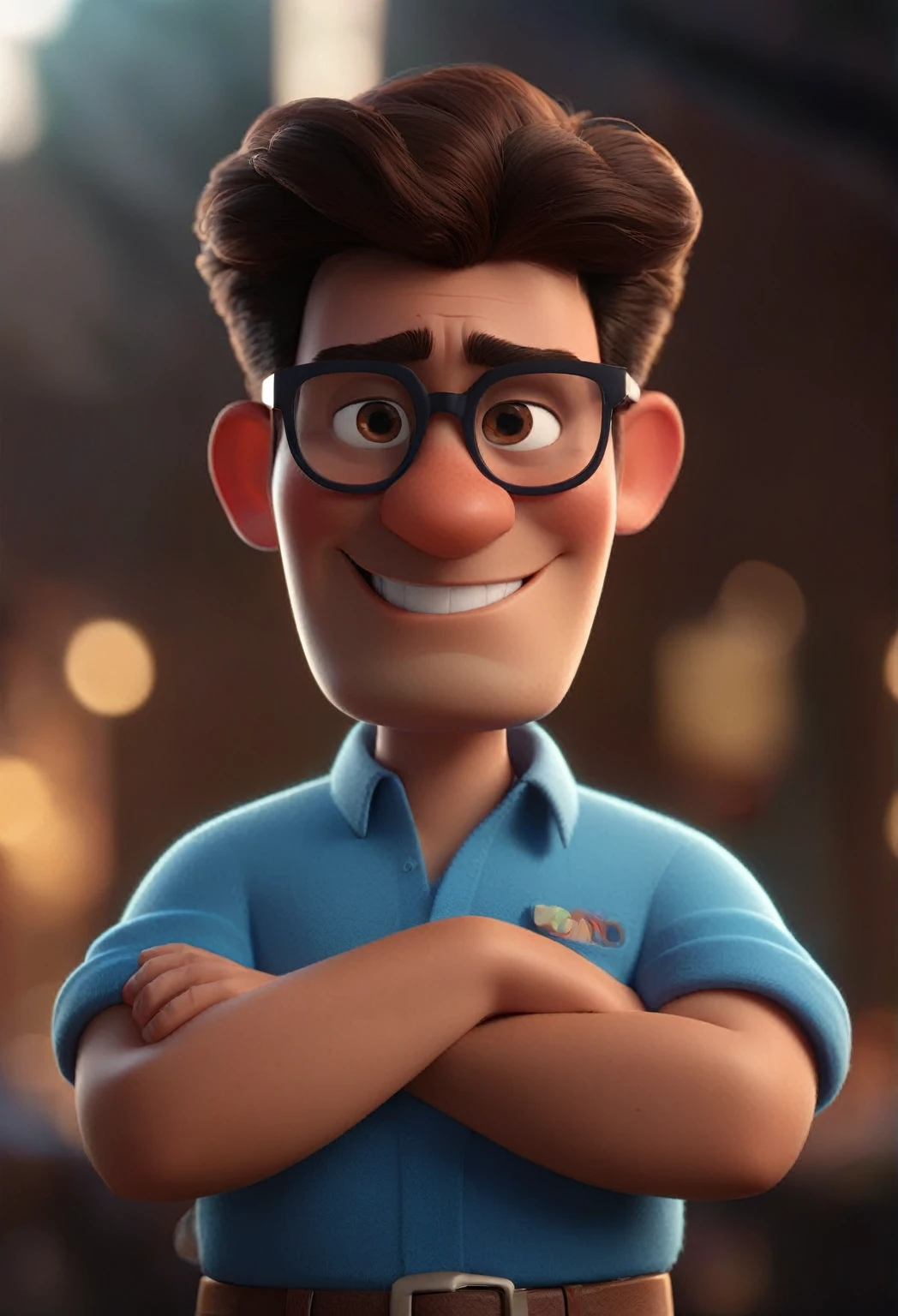Cartoon character of a man with black glasses and a blue shirt, animation character, Caractere estilizado, animation style rendering, 3D estilizado, Arnold Maya render, 3 d render stylized, toon render keyshot, Personagem 3D, Personagem 3D, 3d rendering stylized, 3 d character render, personagem de desenho animado, Personagem de close up, Pose de personagem, (Estilo Pixar) (master part:1.2) (Bokeh) (best quality) (pele detalhada) (textura detalhada) (8k) (argila) (Cinematic lighting) (foco nítido