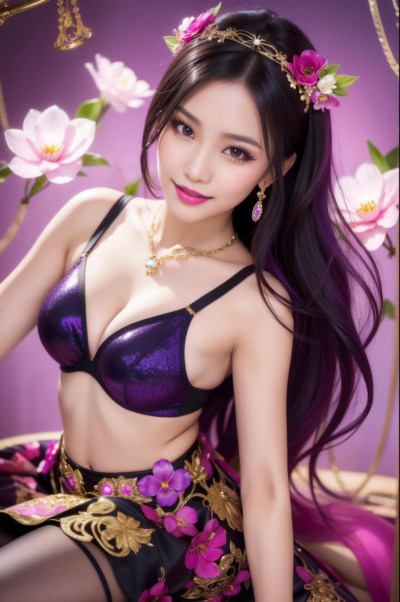 sexy Thai model who controls poison、beautiful smile、lip-gloss、bold lipstick、intense makeup、look at the camera、full body Esbian、、sparkling poisoned flower costume、、、、sparkling Colorful hair、secrete poison、skull hair accessories、sexy tights、shiny sparkling flowers background
