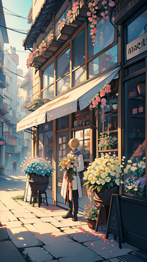 extremely delicate and beautiful, incredible, fine-details, work of art, ultra detali, high resolution,Best illustration, best shade,intricate,sharp focus, high qualiy, 1 men, standing alone, hair blonde. Eyes red, impacto kaveh genshin, flower shop front, flowers in pots, flowers for sale