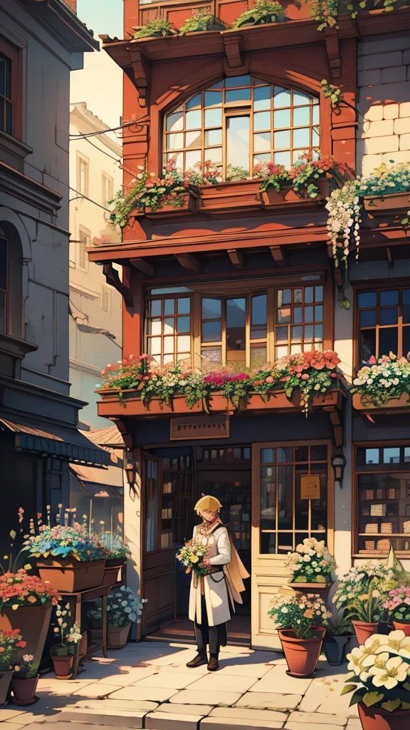 extremely delicate and beautiful, incredible, fine-details, work of art, ultra detali, high resolution,Best illustration, best shade,intricate,sharp focus,  high qualiy, 1 men, standing alone, hair blonde. Eyes red, impacto kaveh genshin, flower shop front, flowers in pots, flowers for sale