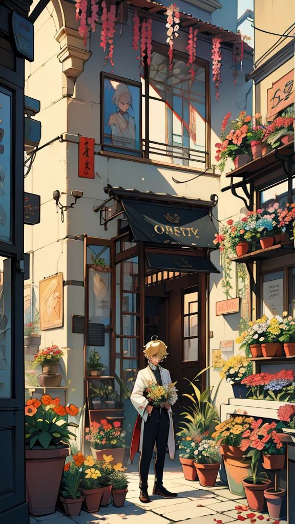 extremely delicate and beautiful, incredible, fine-details, work of art, ultra detali, high resolution,Best illustration, best shade,intricate,sharp focus,  high qualiy, 1 men, standing alone, hair blonde. Eyes red, impacto kaveh genshin, flower shop front, flowers in pots, flowers for sale